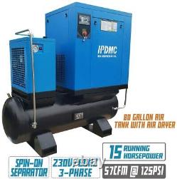 230V 3PH Rotary Screw Air Compressor withair dryer & air tank 15HP 57CFM 125PSI
