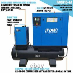 VSD VFD Rotary Screw Air Compressor + 80 Gal Tank and Dryer 230V 20 Hp 3 Phase