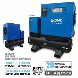 Compresseur d'air à vis rotatif de 20Hp, 81CFM, sécheur réfrigéré triphasé et réservoir ASME de 80 gallons.