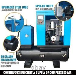 Compresseur d'air à vis rotatif triphasé de 15HP, 230V, 57CFM avec réservoir de 80 gallons et sécheur d'air.